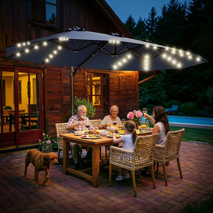 HOMSHADE 15FT Cantilever Double-Sided Umbrella with Solar Light and Base, Rectangle Oversized Offset Patio Umbrellas, Extra Large Outdoor Umbrella for Pool, Deck, Garden, Market (Navy Blue)