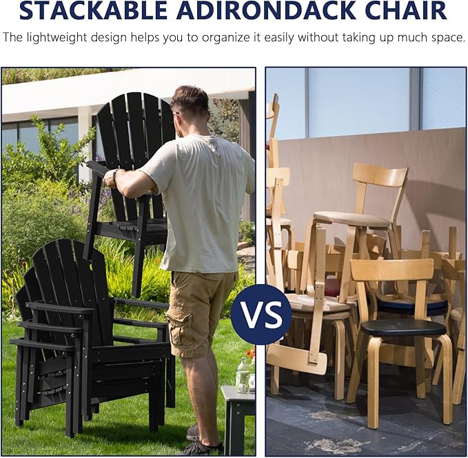 nevilywood Compact Stackable Adirondack Chairs,All Weather HDPE,380lb,Black | 26.3" Wide HDPE.All-Weather Outdoor.Maintenance-Free.Stackable for Storage.25°Curved Straight Backrest.Quick Assembly