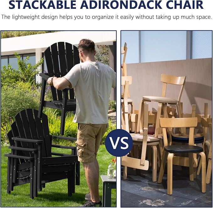 nevilywood Compact Stackable Adirondack Chairs Set of 2,HDPE,380lbs,Black | 26.3" Wide HDPE.All-Weather Outdoor.Maintenance-Free.Stackable for Storage.25°Curved Straight Backrest.Quick Assembly