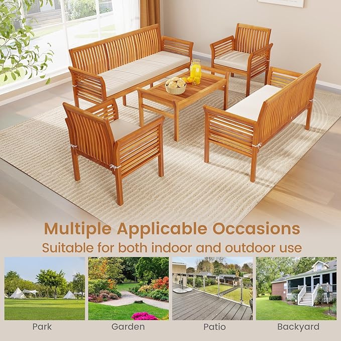 HAPPYGRILL 5 Pieces Acacia Wood Patio Conversation Set, Outdoor Furniture Sofa Set with Removable Seat Cushions, Sectional Sofa & Table Set for Garden Backyard Deck Poolside