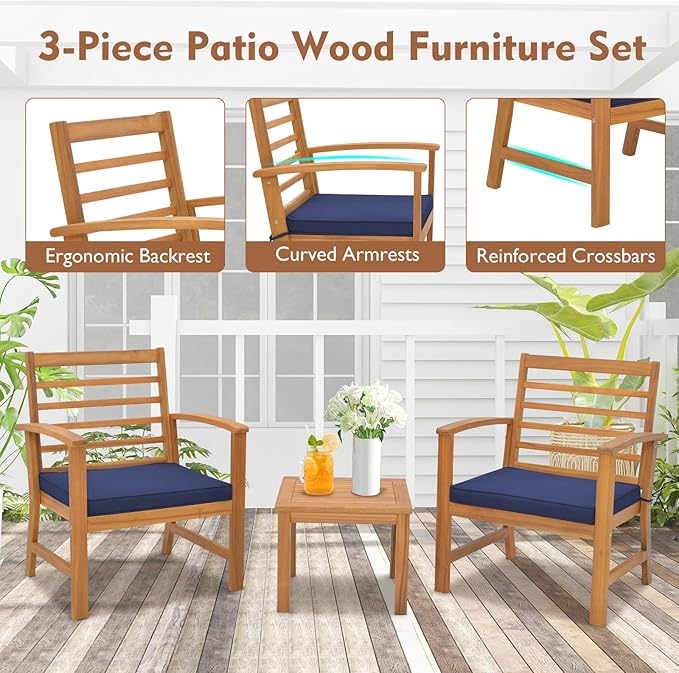 Tangkula 3 Pieces Outdoor Furniture Set, Acacia Wood Conversation Set with Soft Seat Cushions, Stable Acacia Wood Frame, Patio Sofa & Coffee Table Set for Backyard, Porch, Poolside (Navy)