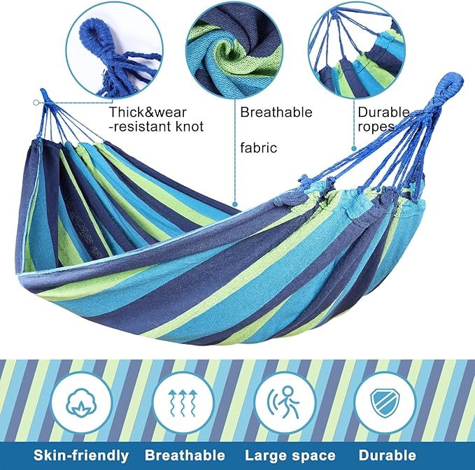 Windyun 2 Sets Cotton Canvas Hammock Large Double Hammock 400lbs Portable Camping Hammocks for Outside with Carrying Bag Sturdy Metal Knot Ropes and Tree Straps for Travel Patio Garden Backyard (Blue)