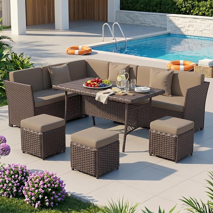 Patio Furniture Set, 7 Pieces Outdoor Dining Sets, All Weather Rattan Conversation Set, Outdoor Dining Sectional Sofa with Large Dining Table, Ottoman (Brown-Camel, A-7 Pieces)