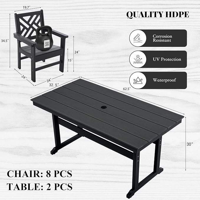 HDPE Outdoor Dining Set,10-Piece Outdoor Table and Chairs Include 8 Dining Chairs and 2 Pcs 62.5" Patio Dining Table with Umbrella Hole (Black)