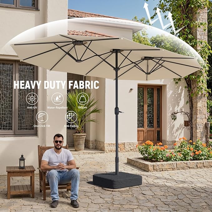 15ft Large Outdoor Patio Umbrella, Double Sided Table Umbrella with Crank, 12 Steel Ribs Market Umbrella