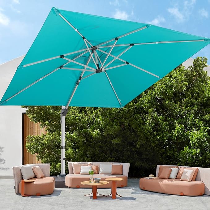 Cantilever Patio Umbrella with Cross Base and Cover Included - 360° Rotation Large Heavy Duty Offset Outdoor Umbrella with Easy Tilt for Pool Backyard Deck Garden (10x10 FT Turquoise Blue)
