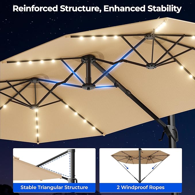 HOMSHADE 15FT Cantilever Double-Sided Umbrella with Solar Light and Base, Rectangle Oversized Offset Patio Umbrellas, Extra Large Outdoor Umbrella for Pool, Deck, Garden (Beige)