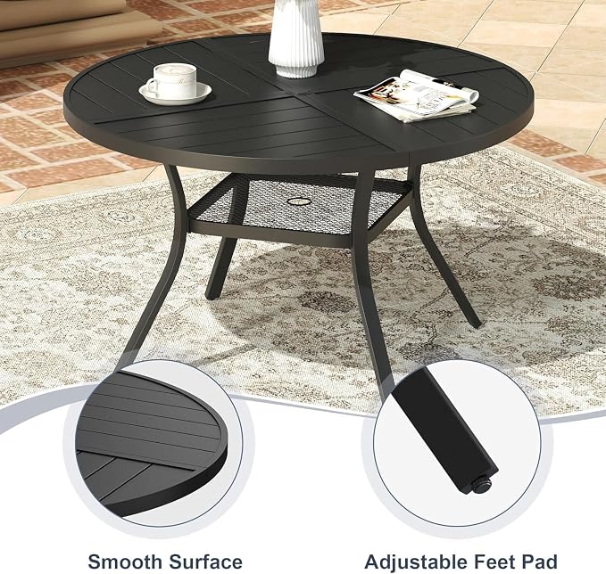 VICLLAX 5 Pieces Patio Outdoor Dining Set, 4 Swivel Textilene Chairs and 47.2" Round Metal Table with Umbrella Hole for Porch, Deck, Garden, Black/Dark Blue