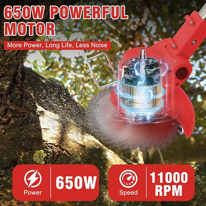 ALSO GO Weed Wacker, Cordless String Trimmer 24V with 2 Batteries 2.0Ah, 3 Types Metal Blades Powered Grass Trimmer, Pruning Shears, Adjustable Pole Weed Trimmer for Garden and Yard Lawn-Red