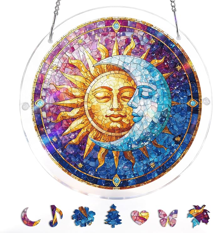 Acrylic Suncatcher Puzzle, Sun and Moon in Harmony-7.4 in | DIY Suncatcher Puzzle Kits for Adults, Acrylic Jigsaw Puzzle Suncatcher, Garden&Window Hanging Decor, Unique Gift