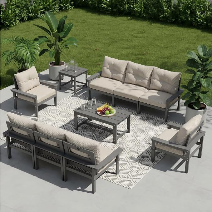 HDPE 10 Piece Outdoor Patio Furniture Set, All-Weather Outdoor Couch Set with Thick Cushions & Coffee Table, Patio Conversation Sets for Lawn, Deck,Garden, Porch, Balcony, Poolside, Grey Beige