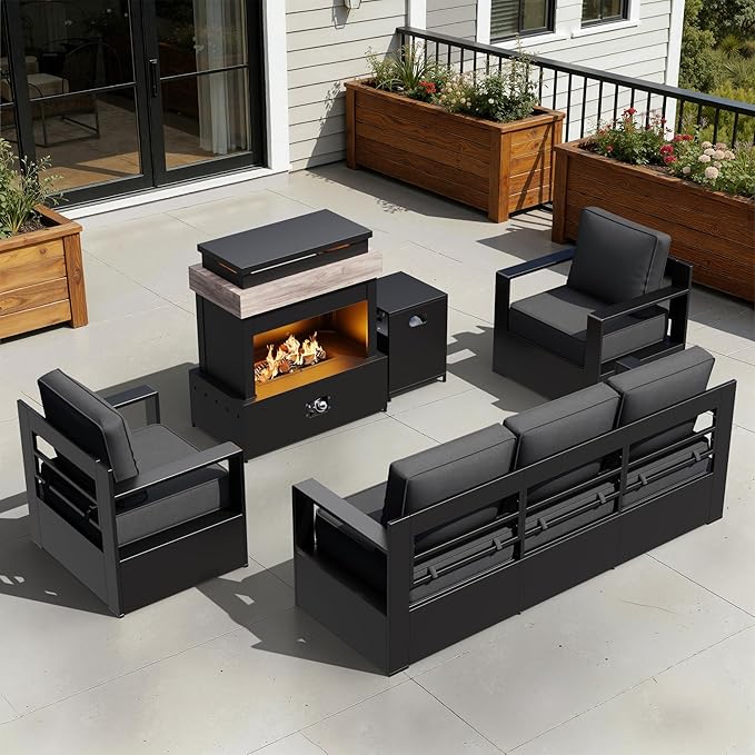 Outdoor Aluminum Furniture Set, 4-Piece Patio Conversation Set, 2 Chairs, 1 Sofa and 1 Fireplace, All-Weather Metal Frame, 6" Thick Removable Cushions, Deep Setting for Garden, Poolside and Porch