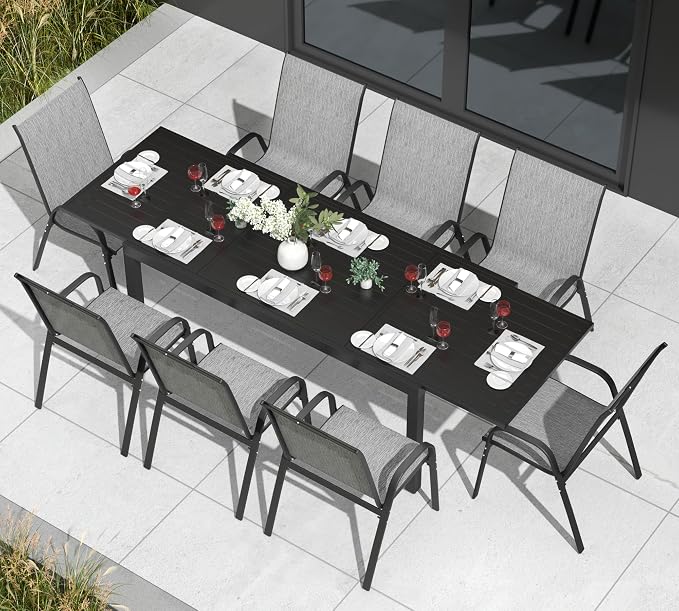 PIZZELLO 9 Pieces Outdoor Dining Set, 106" Aluminum Extendable Patio Dining Table w/ 8Pcs Stackable Textilene Chairs, All Weather Outdoor Table and Chairs Sets for Backyard, Garden, Deck and Poolside