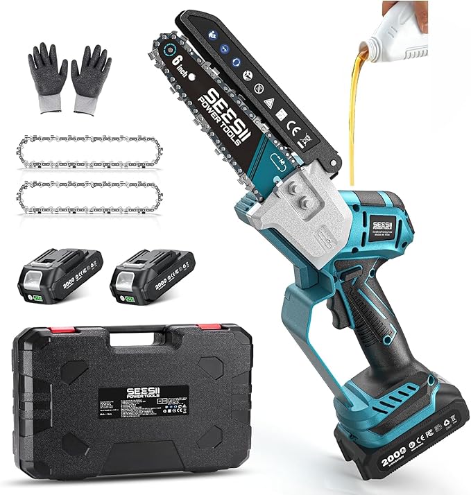 SEESII Brushless Mini Chainsaw 6 Inch, Handheld Saw with 2 * 2000 mAh Batteries, Cordless Chainsaw with Automatic Oiler, Compatible with Makita 18V Battery, Electric Saw for Tree Limb Branch Cutter