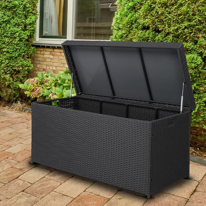 Bonnlo 132 Gallon Wicker Storage Box - Outdoor Rattan Deck Box with Bench Seat, Multi-Use Storage for Patio, Pool, Garden, Balcony