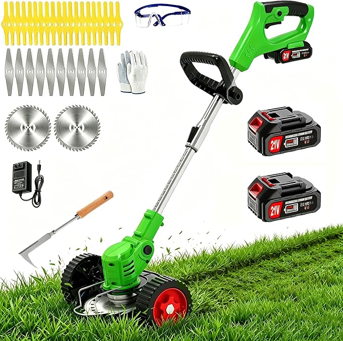 Electric Weed Wacker Cordless Eater, 21V No String Trimmer Battery Powered,3 In 1 Lightweight Grass Trimmer/Brush Cutter/Edger with Wheels and Metal Blade, Stringless Weed Trimmer for Lawn Yard Garden