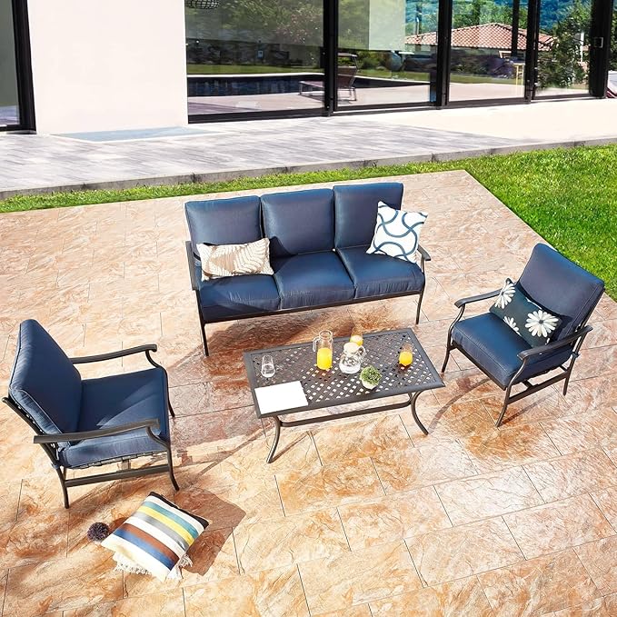 PatioFestival Patio Conversation Set 4Pcs Cushioned Outdoor Furniture Sets Patio Seating with All Weather Galvanized Steel Frame (Blue)