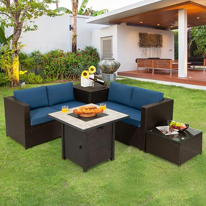 Tangkula 5-Piece Patio Furniture Set with 30 Inches Gas Fire Pit Table, Outdoor Wicker Conversation Sectional Sofa Set with Storage Box and Coffee Table, 50,000 BTU Propane Fire Pit Table (Navy)