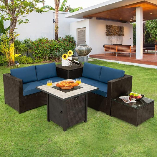 COSTWAY 5 Piece Patio Furniture Set with 30'' Fire Pit Table, Outdoor Wicker Rattan Loveseat Sofa with 4'' Thickened Cushions, 2 Side Tables, Sectional Conversation Set for Backyard (Navy)