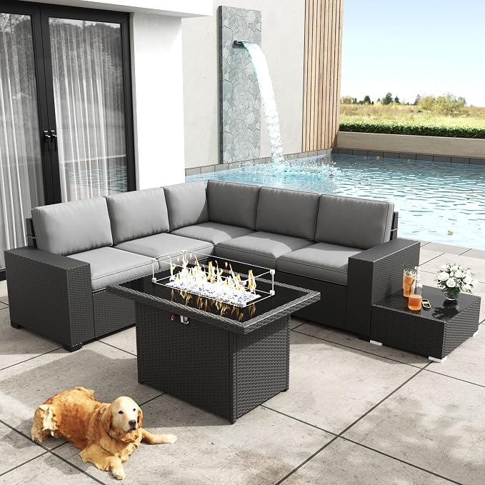 Patio Furniture Set with Fire Pit Table, 7 Pieces Outdoor All-Weather Wicker Conversation Sectional Chair Sofa Set