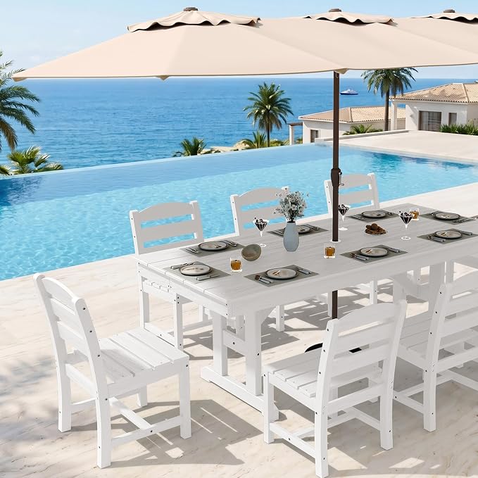 KINGYES 8-Person Outdoor Patio Dining Set with Patio Umbrella,84 inch HDPE Rectangular Table and Chairs Set，Waterproof Furniture Set with Umbrella Hole for Backyard,White