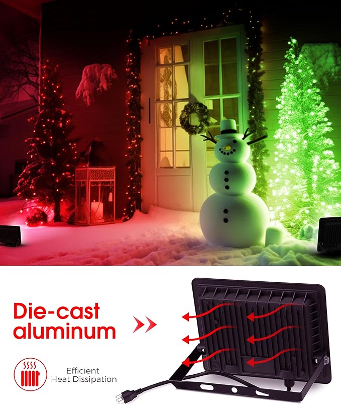 L LOHAS LED Red and Green Christmas Flood Light Outdoor, 𝑫𝒖𝒔𝒌 𝒕𝒐 𝑫𝒂𝒘𝒏 50W Plug in Flood Light, IP66 Waterproof Christmas Decorations, 2300lm Christmas Lights for Yard, Party, UL Listed