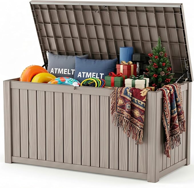 230 Gallon Outdoor Storage Box, Large Resin Deck Box, Waterproof Lockable Storage Container Bins, Reinforced Stability for Patio, Garden and Poolside, Grey