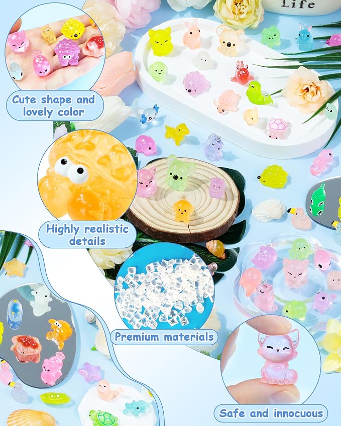 FIVEIZERO 102PCS Luminous Mini Resin Ocean Animals Bulk - 15 Styles Glow in The Dark Plastic Tiny Sea Creatures for Dollhouse, Fairy Garden, Aquarium, Party Favors & DIY Craft Decor