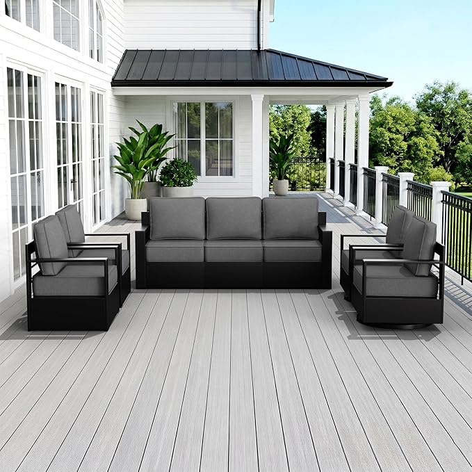 Outdoor Patio Furniture Set, 5-Piece Aluminum Patio Conversation Set All-Weather Metal Outdoor Sectional with 6 Inch Thick Cushions, Deep Setting for Garden, Outside and Porch, Grey