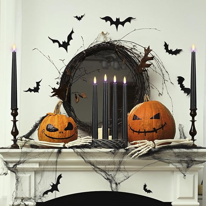 Black Flameless Taper Candles with Remote, Real Wax Halloween Candles, 9.6 Inch Battery Operated Led Candlesticks for Party Home Festival Decor, 3 Pack