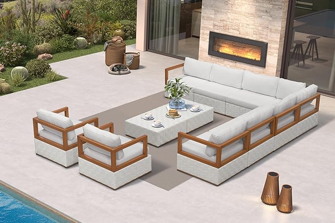 PURPLE LEAF Patio Outdoor Furniture Set 11 Pieces, Premium Leather Outdoor Couch Sectional Sofa, L-Shaped Patio Conversation Sets with Olefin Cushions, Patio Couch for Porch, Balcony, Garden, White