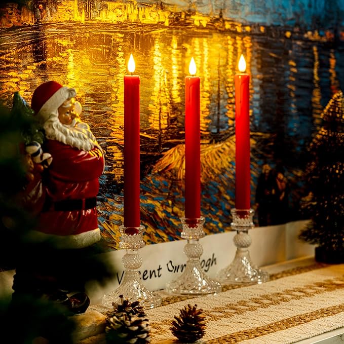 Homemory 6 Pcs Flameless Taper Candles with Remote Timer Dimmer, Red Battery Operated Candlesticks Flickering, Plastic Led Taper Candles Realistic, 9.6 Inches for Party Holiday Celebrations Christmas
