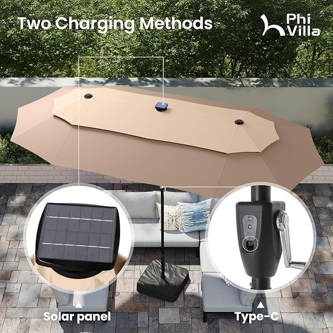 PHI VILLA 13ft Patio Umbrella with 120 PCS Solar-Powered LED Color-Changing Lights, 2-Tier Double-Sided Large Rectanglular Umbrella with Base Included, Beige&Tan