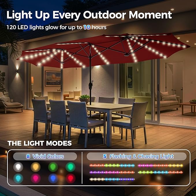 SUPERJARE 13ft Outdoor Patio Umbrella with Solar Lights, Double-sided Deck Pool Umbrella with 1.5 Inch Pole, Fade Resistant Canopy, 12 Sturdy Ribs, for Porch, Market, Backyard, Burgundy(No Base)