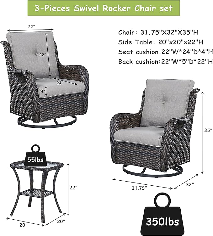Outdoor Patio Swivel Rocker Chairs - 3 Piece Patio Bistro Set, Wicker Patio Furniture Set with 2 Swivel Rocking Chairs and 1 Glass Top Side Table for Deck Porch Garden, Brown/Grey