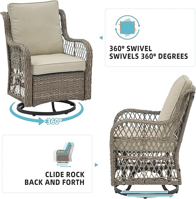 GarveeHome 3 Piece Outdoor Patio Set, Wicker Rocking Bistro Set with 2 Swivel Chairs & Tempered Glass Top Table, Rattan Outdoor Furniture with Cushions for Patio Porch Backyard