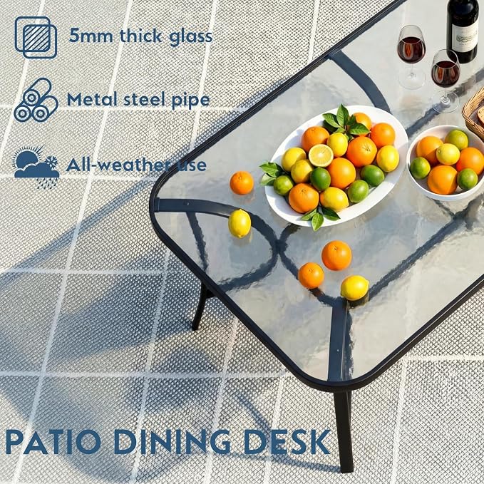 Arlopu 7-Piece Outdoor Table and Chairs for 6, Outdoor Dining Set W/Rectangle Glass Table and 6 Patio Textilene Stackable Chairs, Patio Furniture Set W/Umbrella Hole (Black Table & Grey Chair)