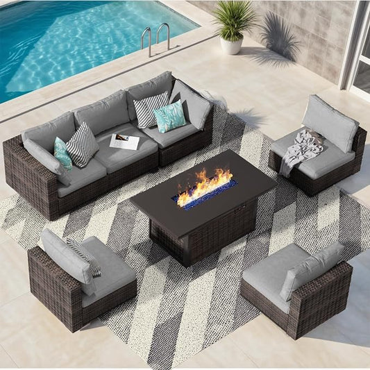 Patio Furniture Set with Fire Pit Table, Outdoor Sectional Rattan Sofa Set, Patio Set Seating Furniture with Thickened Cushions (Gray, 7 Pieces)