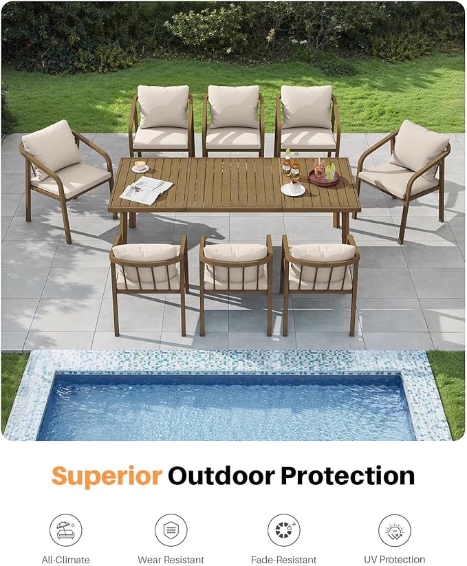 9 Pieces Never-Rust Aluminium Outdoor Dining Set, Patio Table and Chairs for 8, Patio Dining Set with Rectangle Table, Outdoor Dining Chairs with Removable Cushions for Deck, Backyard, Teak