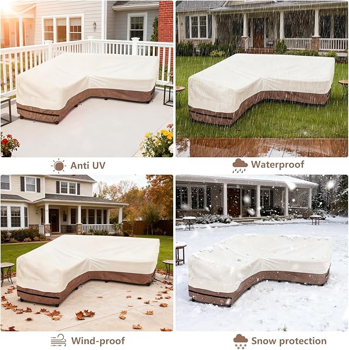 okcool Outdoor Sectional Sofa Cover Waterproof V Shaped Patio Furniture Covers for 5-Seater Outdoor Sectional Furniture Couch 85"(85''L) x 33.5''D x 31''H, Beige & Brown