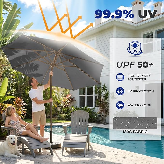 BRIOPAWS 9FT Patio Umbrella with Base Included | Outdoor Table Umbrellas | Push Button Tilt & Crank | 8 Sturdy Fiberglass Ribs | Waterproof | Heavy Duty for Garden Lawn DeckBackyard & Pool