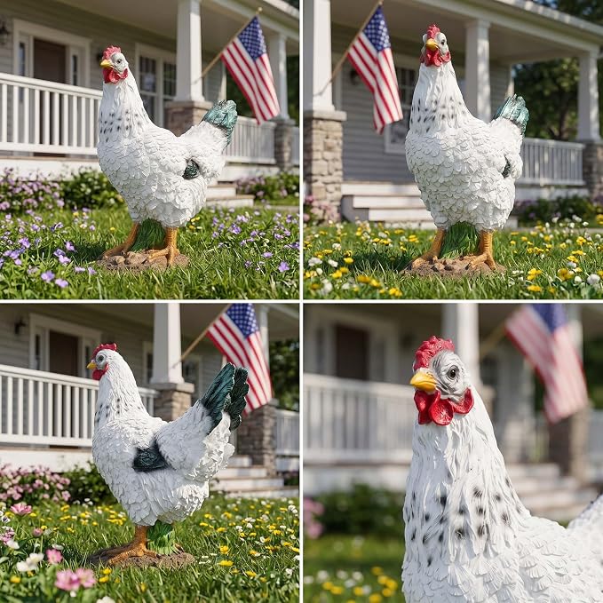 13.4" Realistic Chicken Yard Art - Rustic Outdoor Chicken Statues, Funny Farm Sculpture, Garden Chicken Decor, Fence Decoration, Hand-Painted Resin Figurines for Patio & Backyard