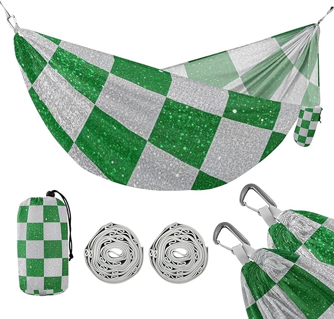 Fake Glitter Checkerboard Squares White Green 330lb Capacity Outdoor Hammock with Tree Straps Rope Hammock for Outside Patio Backyard Poolside hamaca para adultos