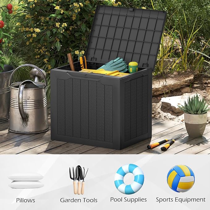 Giantex 25 Gallon Outdoor Storage Box, Patio Deck Box with Lockable Lid, Wicker-woven Texture, Waterproof Storage Bench for Pool Accessories, Garden Tools, Package Delivery, Patio Furniture (Black)