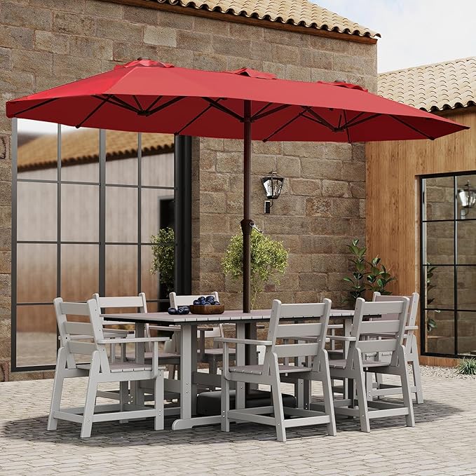 BRIOPAWS 15-FT-Large-Patio-Umbrella-with-Base | Double-Sided | Outdoor Table Umbrellas | w/Crank Handle | 12 Sturdy Fiberglass Rib | UV-Protection | for Garden Deck Backyard Pool | Red