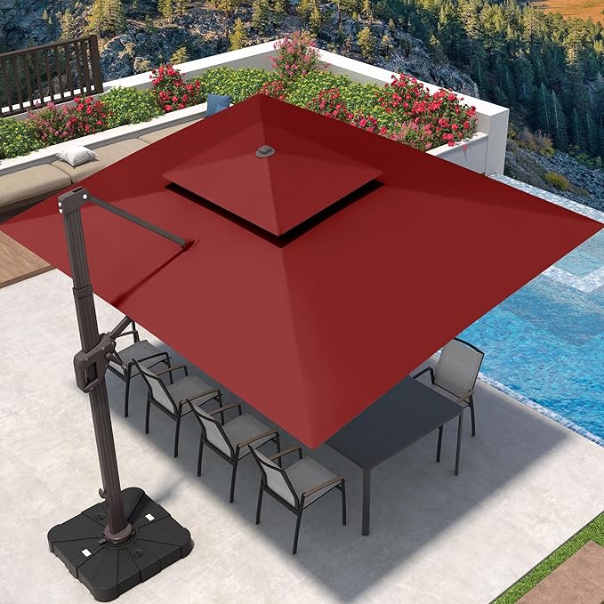 9' X 12' Patio Umbrella with LED Lights Outdoor Cantilever Large Rectangle Offset Umbrellas Heavy Duty Aluminum Double Top with 360-degree Rotation for Pool Garden Deck, Red