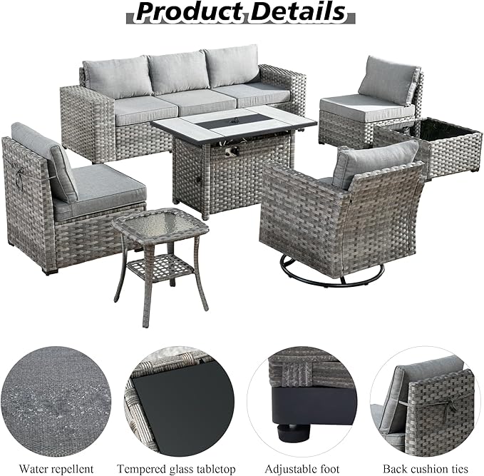 HOOOWOOO Outdoor Patio Sectional Furniture Sofa Set with Large Fire Pit Table,9 Piece Modern Wicker Couch with Swivel Chair,Modular Conversation Seating Set with Widened Armrest(Dark Grey)