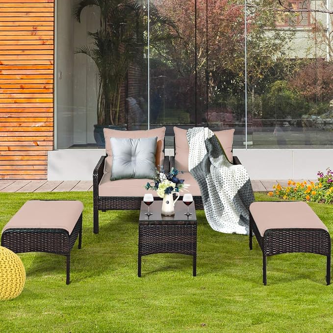 COSTWAY 5 PCS Patio Rattan Furniture Set, Outdoor Cushioned Sofa with Ottomans and Coffee Table, Wicker Conversation Set for Backyard Porch Lawn Poolsid, Beige