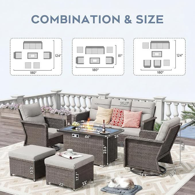 XIAO WEI 6-Piece Outdoor Furniture Set with Fire Pit Table, Wicker Patio Conversation Set with Cushions & Swivel Glide Chairs, All-Weather Patio Furniture Set for Backyard, Garden, Deck (Beige)