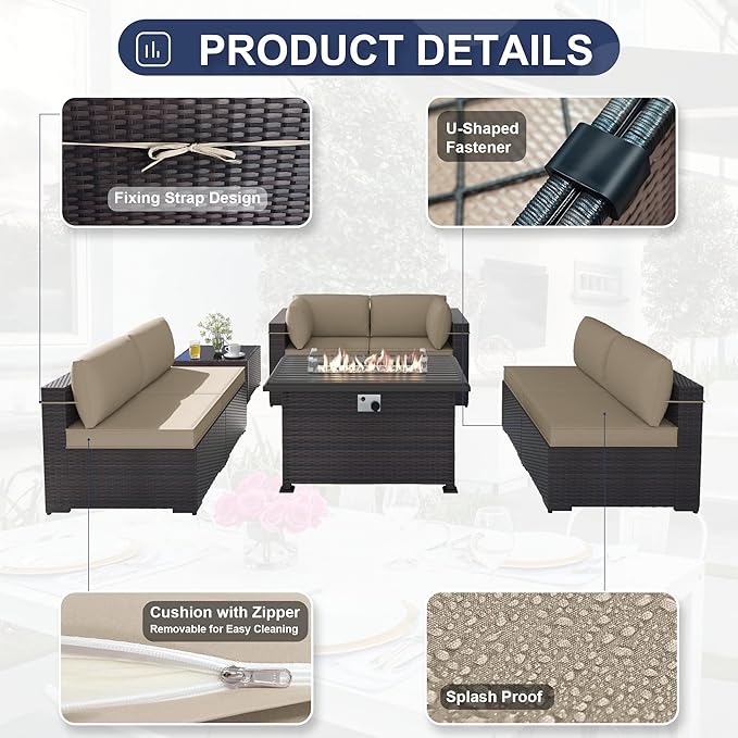 Patio Furniture Set with Fire Pit Table 8-Piece Outdoor Sectional Furniture Outdoor Rattan Patio Conversation Sets with 55,000 BTU Propane Gas Fire Pit Table and Glass Table, Sand